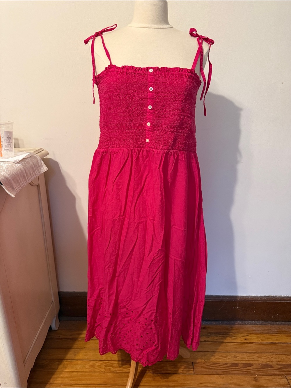 LOFT Hot Pink Tie-Shoulder Smocked Midi Dress